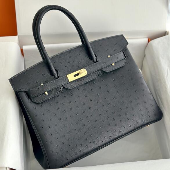 【エルメス HERMES】バーキン30 ハンドバッグ オーストリッチ ブラック ゴールド金具(100%手縫い)